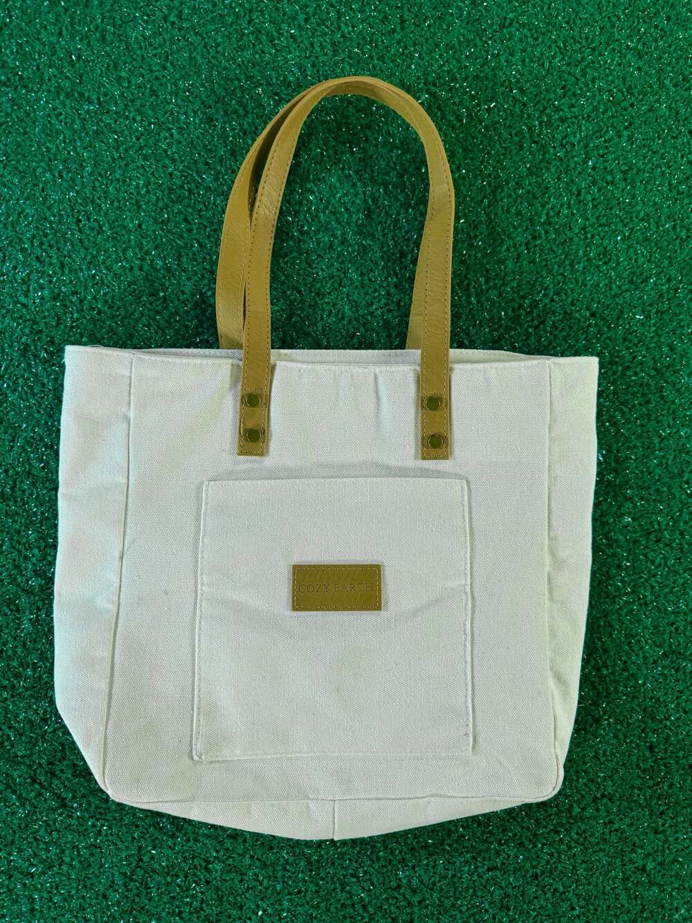 Cozy Earth Canvas Tote Bag with Faux Leather Handles, 14.5" x 12.5"